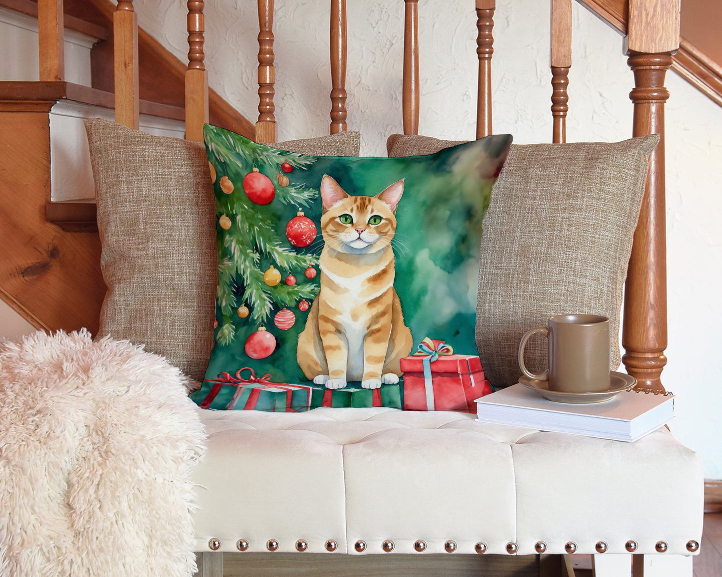 Malayan Cat By the Christmas Tree Throw Pillow