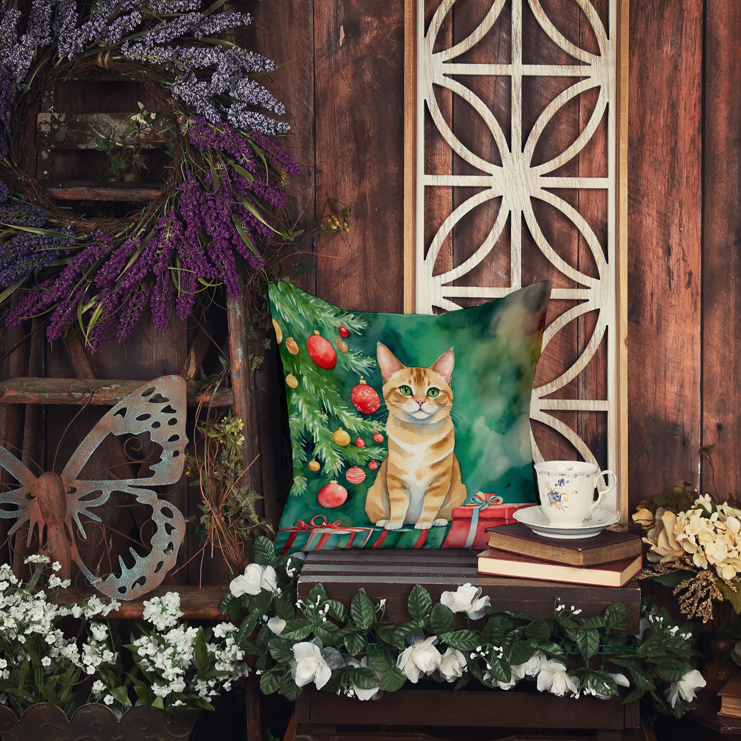 Malayan Cat By the Christmas Tree Throw Pillow