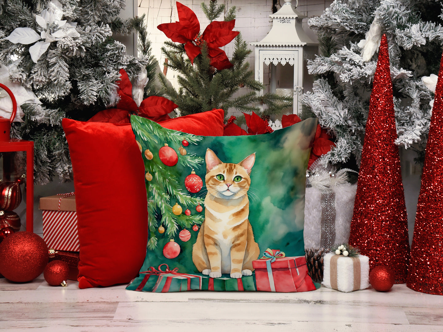Malayan Cat By the Christmas Tree Throw Pillow