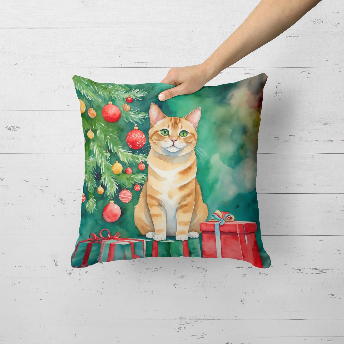 Malayan Cat By the Christmas Tree Throw Pillow