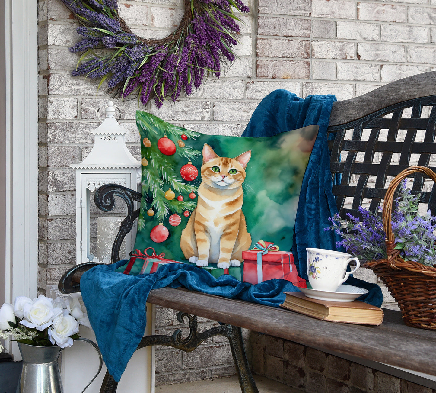 Malayan Cat By the Christmas Tree Throw Pillow