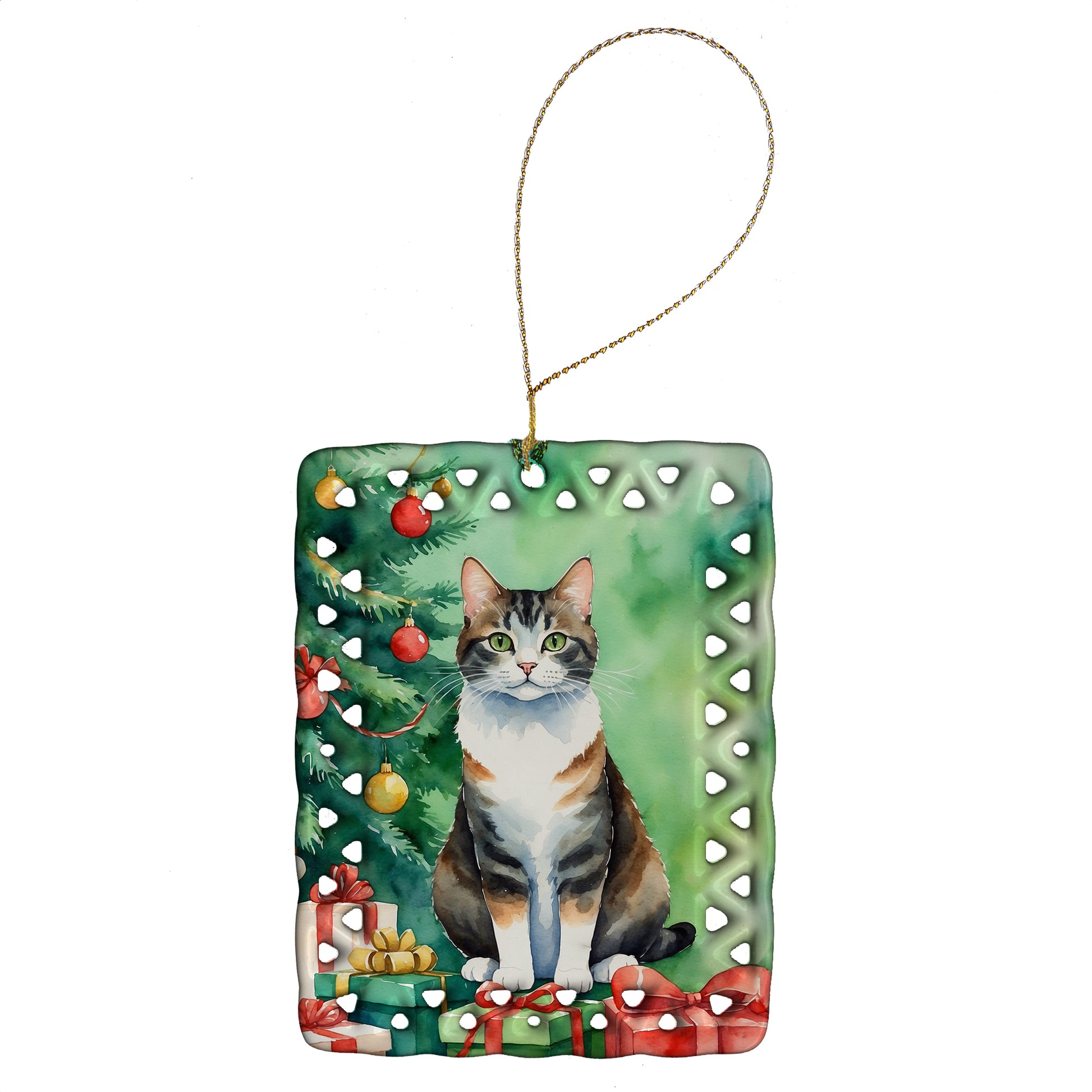 Buy this Manx Cat By the Christmas Tree Porcelain Ornament
