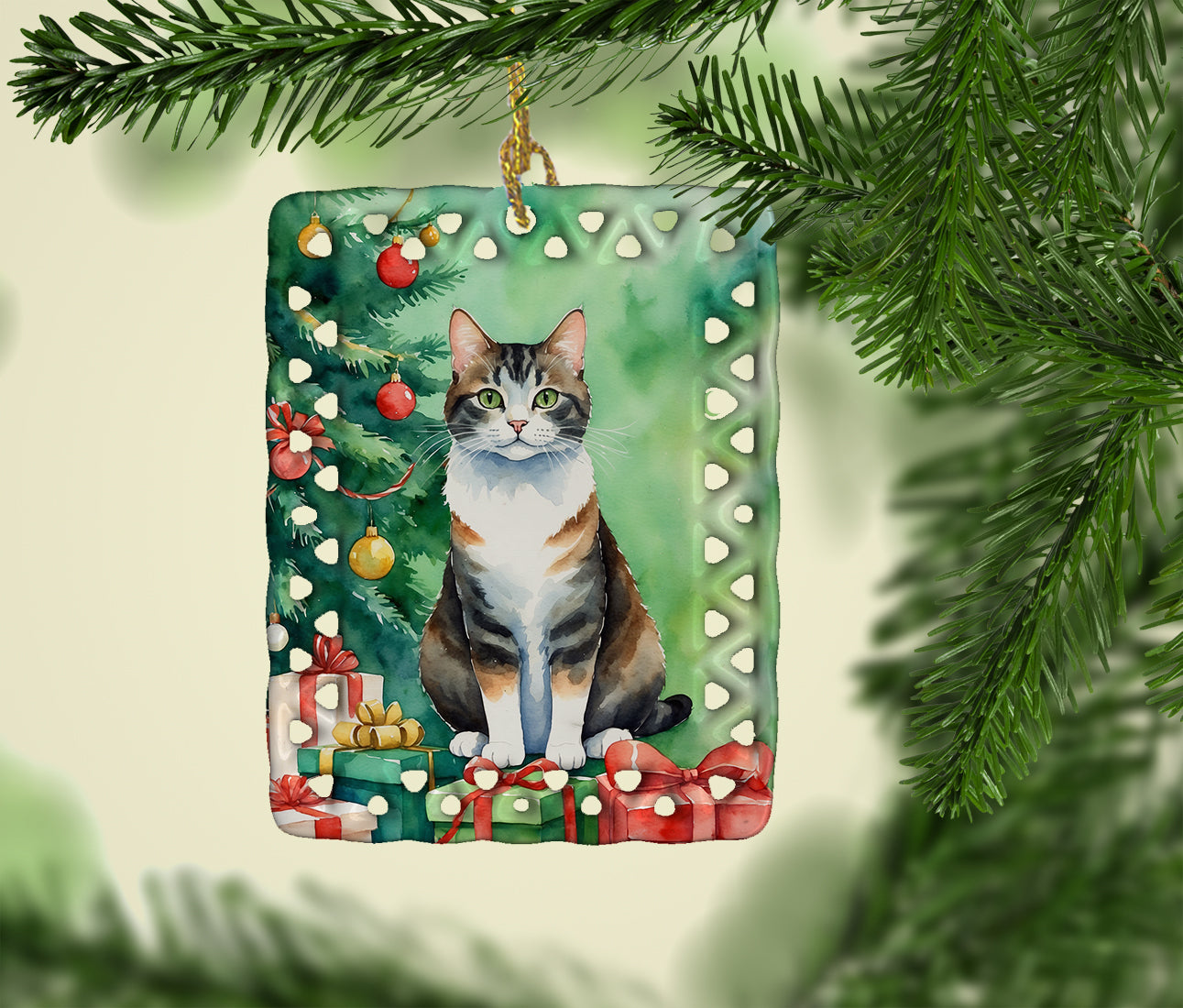 Manx Cat By the Christmas Tree Porcelain Ornament
