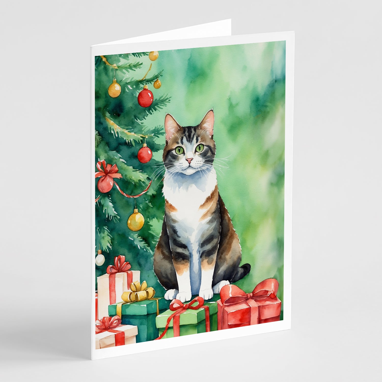 Buy this Manx Cat By the Christmas Tree Greeting Cards Pack of 8