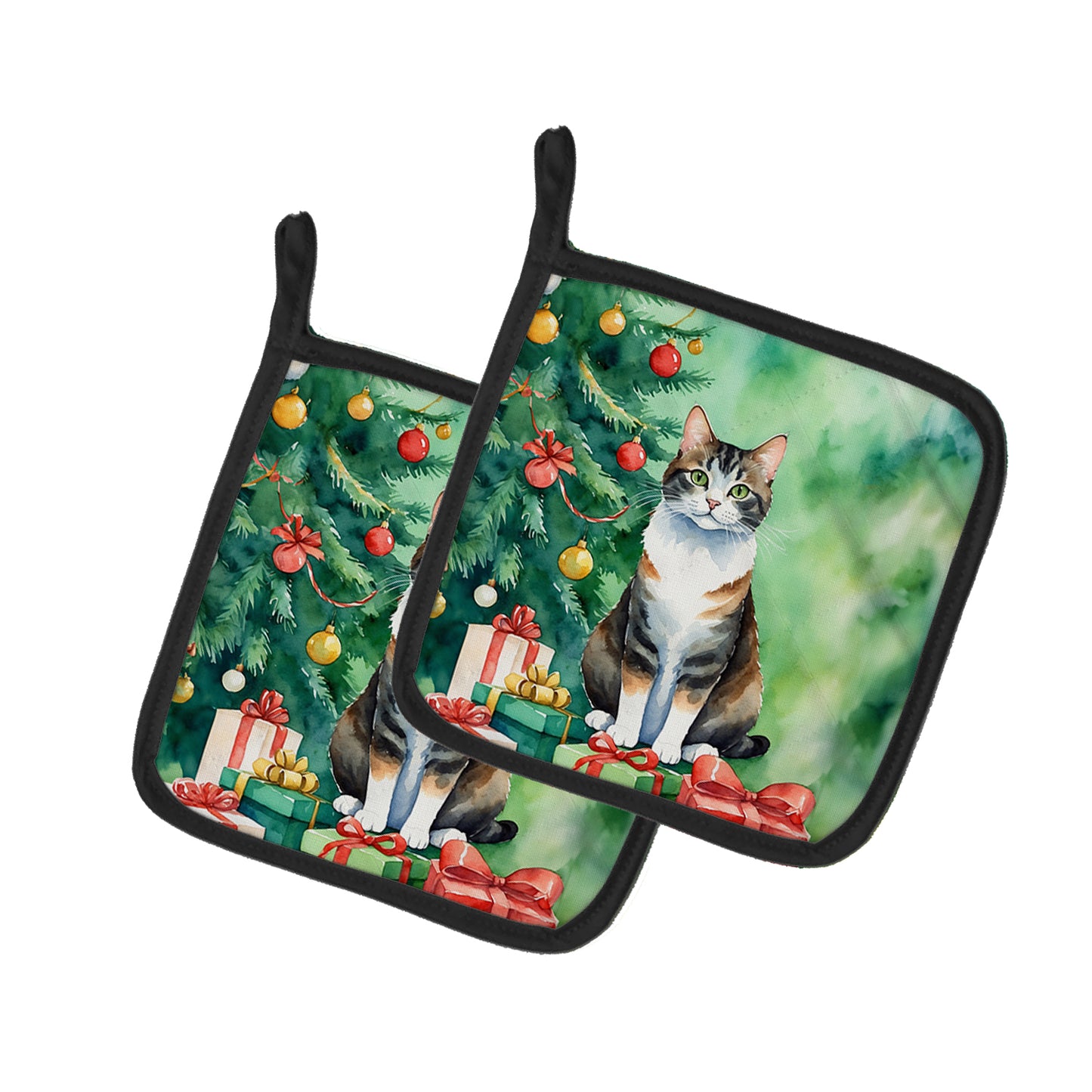 Buy this Manx Cat By the Christmas Tree Pair of Pot Holders