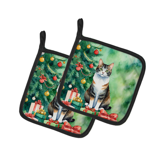 Buy this Manx Cat By the Christmas Tree Pair of Pot Holders