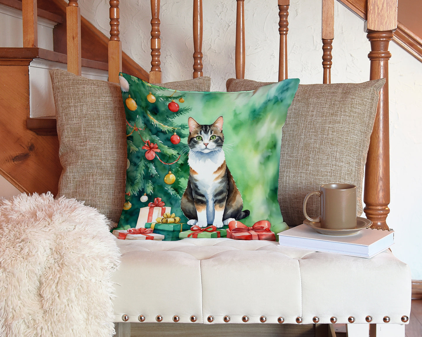 Manx Cat By the Christmas Tree Throw Pillow