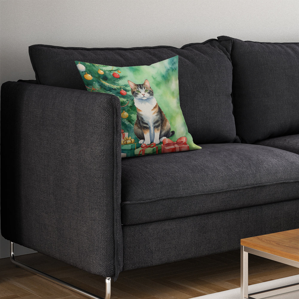 Manx Cat By the Christmas Tree Throw Pillow