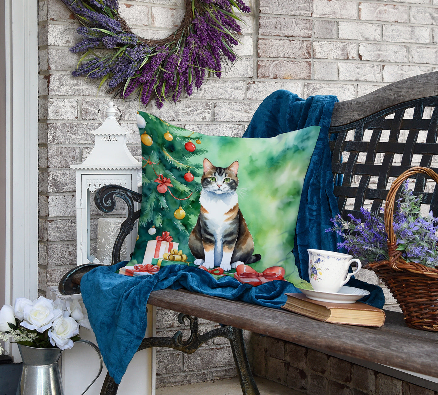 Manx Cat By the Christmas Tree Throw Pillow