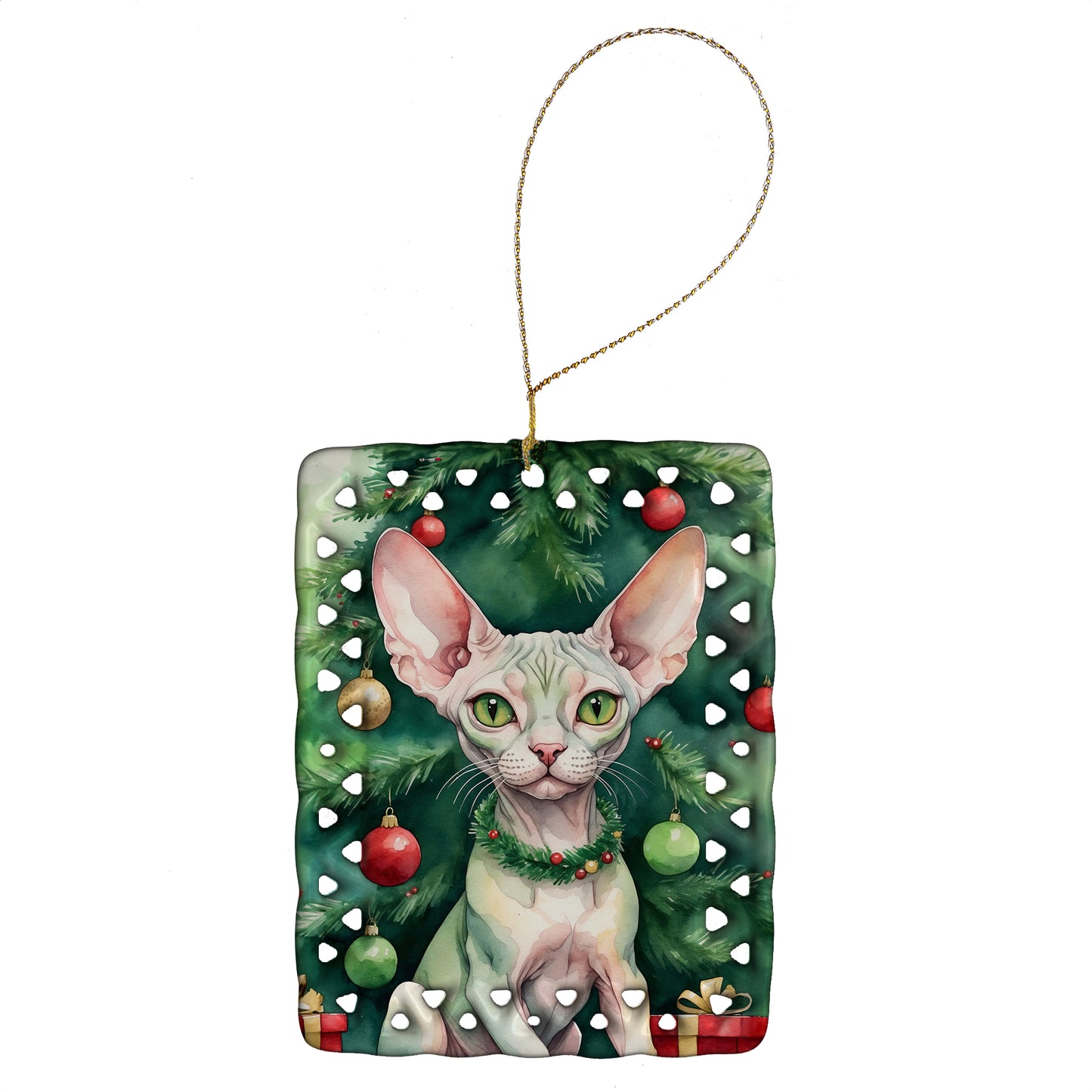 Buy this Minskin Cat By the Christmas Tree Porcelain Ornament