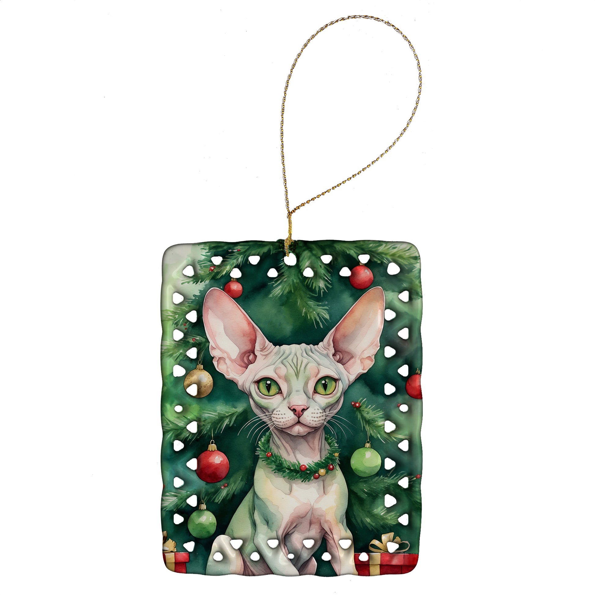 Buy this Minskin Cat By the Christmas Tree Porcelain Ornament