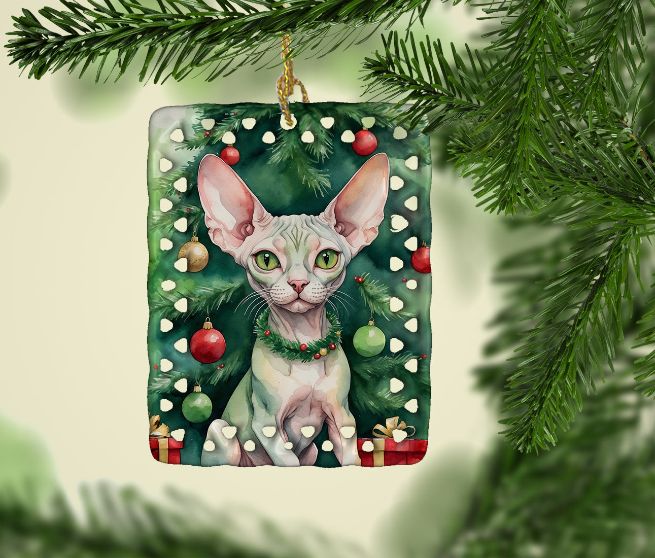 Minskin Cat By the Christmas Tree Porcelain Ornament