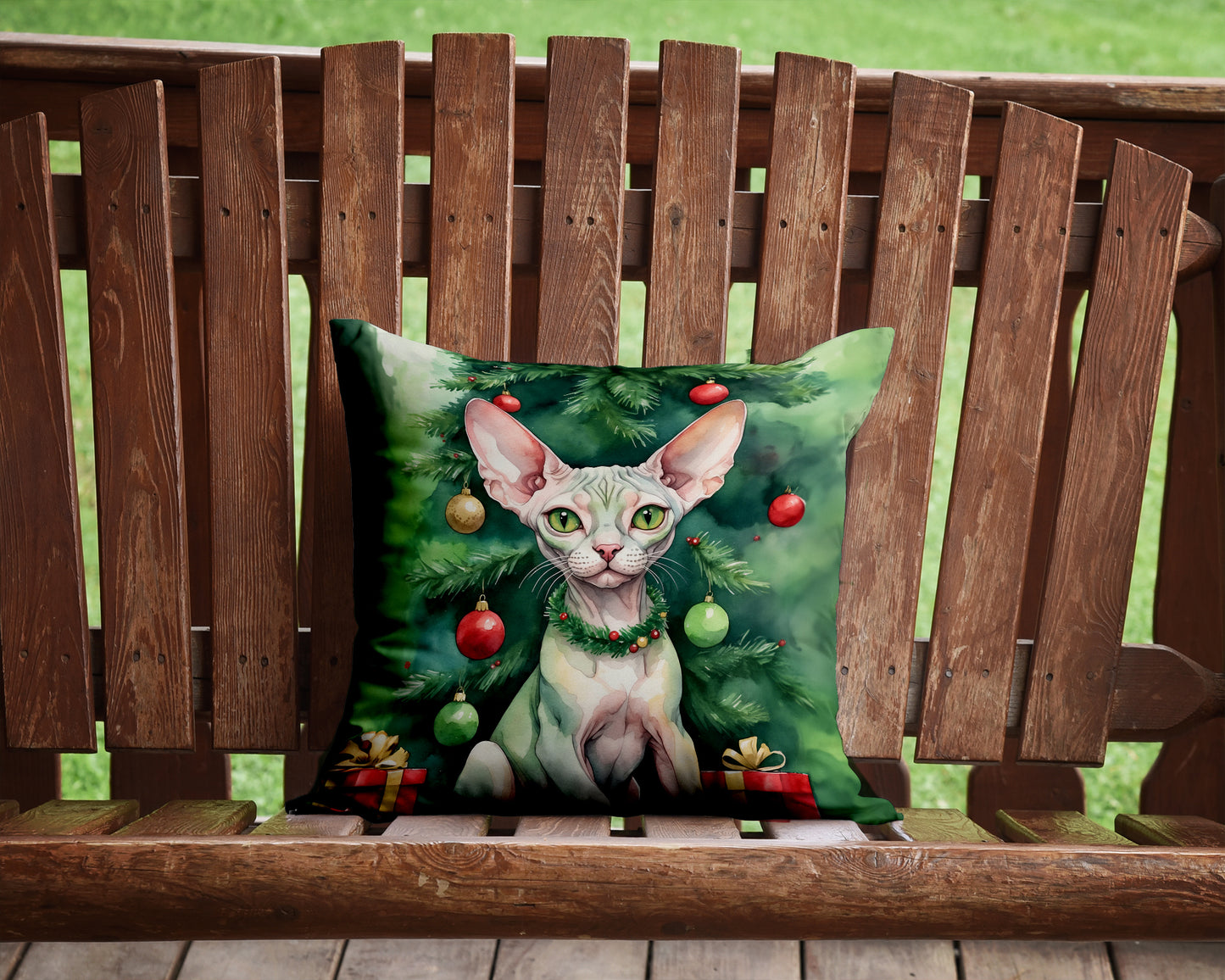 Minskin Cat By the Christmas Tree Throw Pillow