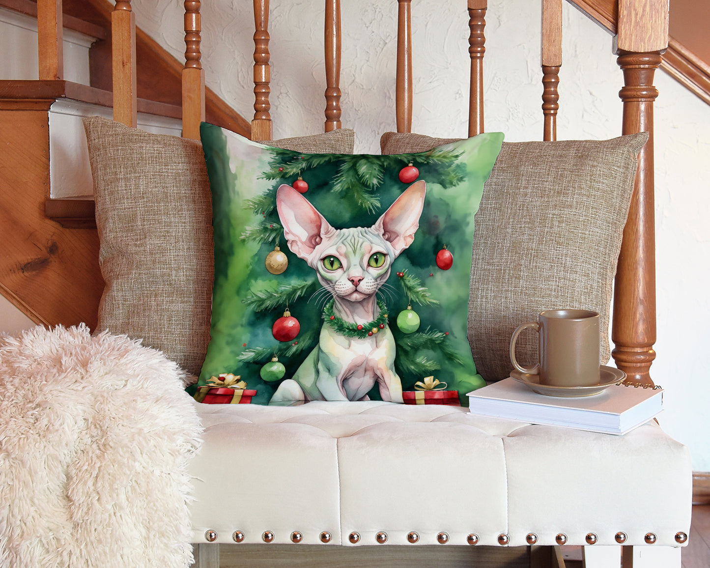 Minskin Cat By the Christmas Tree Throw Pillow