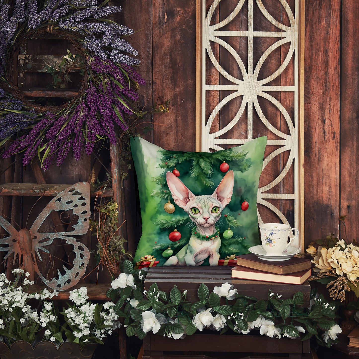 Minskin Cat By the Christmas Tree Throw Pillow