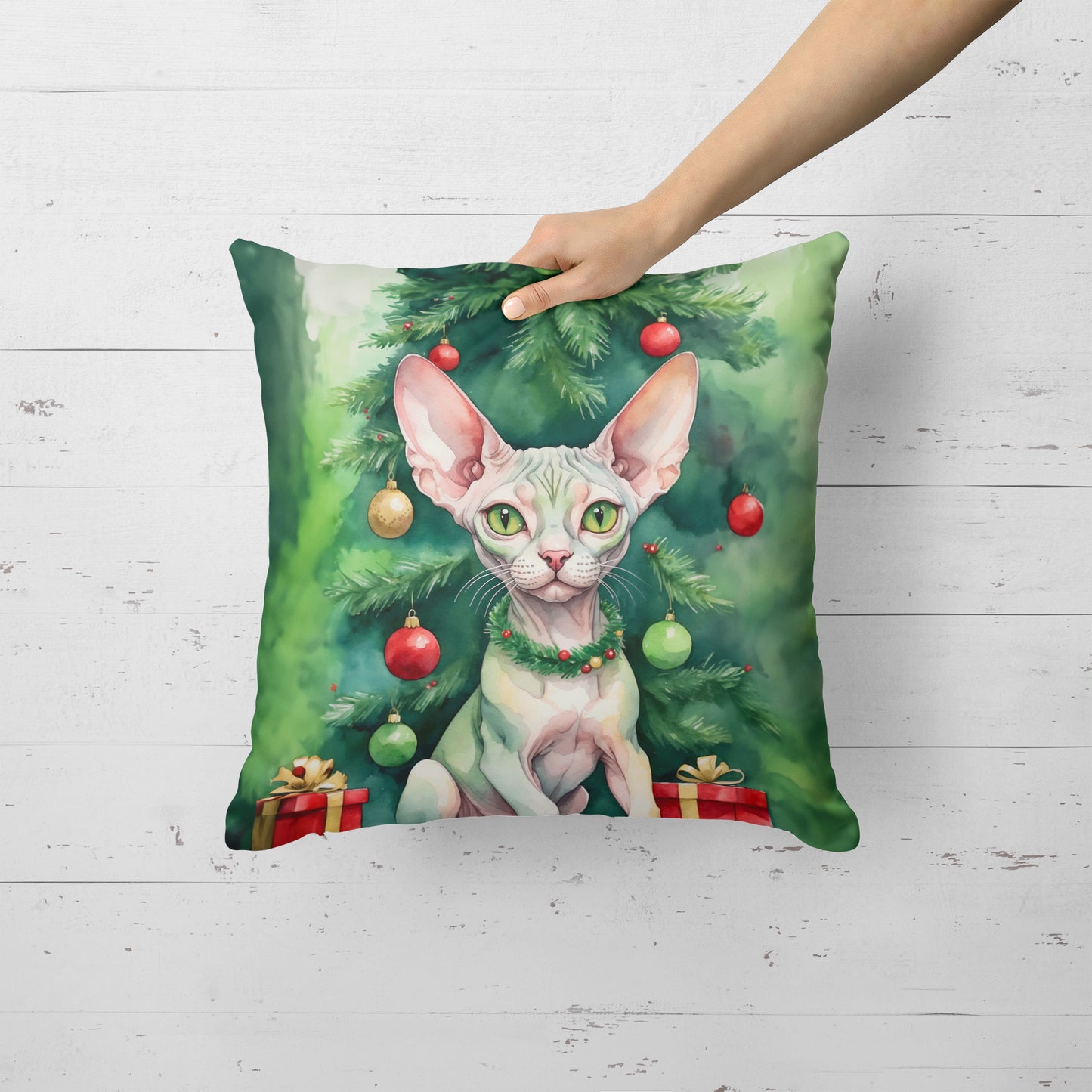 Minskin Cat By the Christmas Tree Throw Pillow