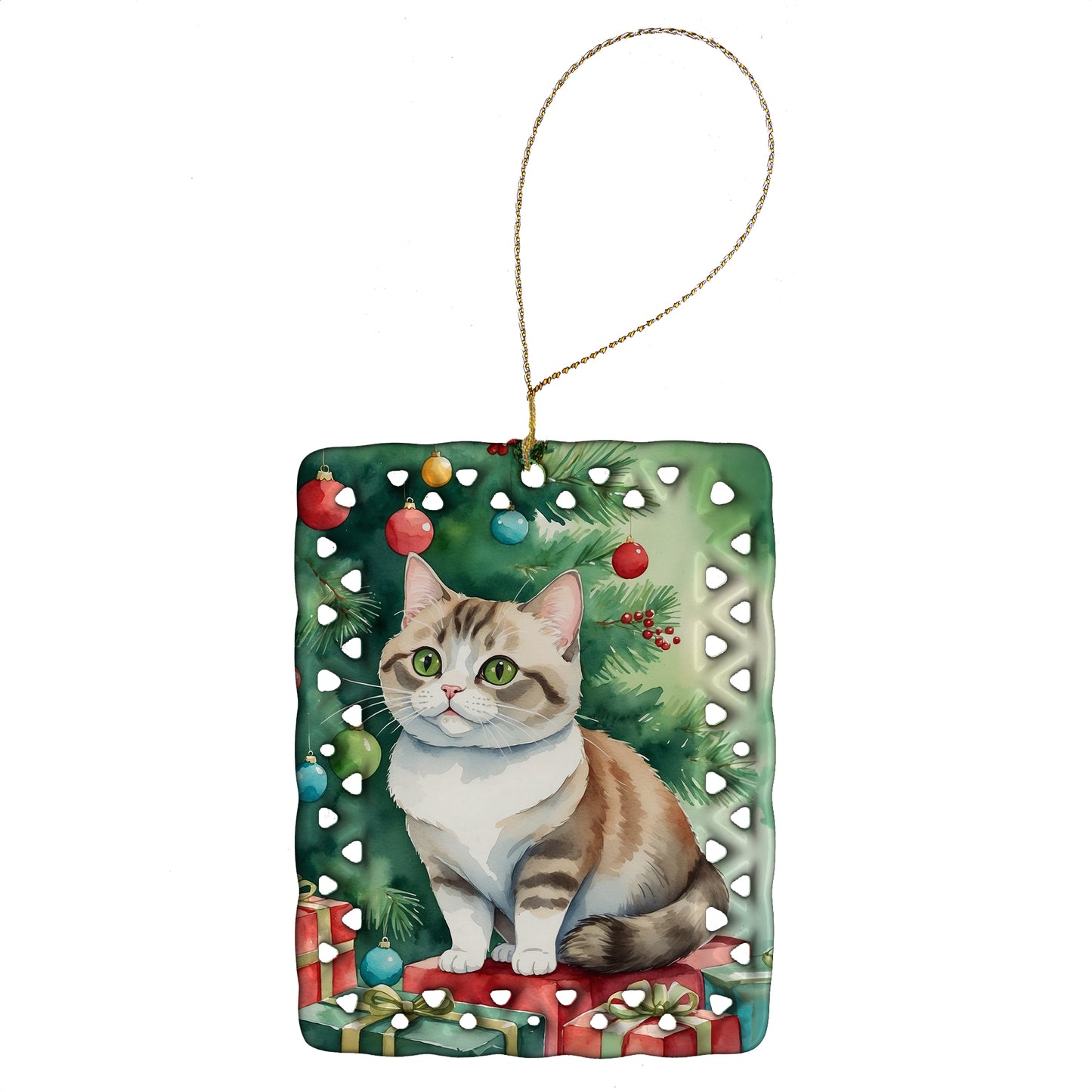 Buy this Munchkin Cat By the Christmas Tree Porcelain Ornament