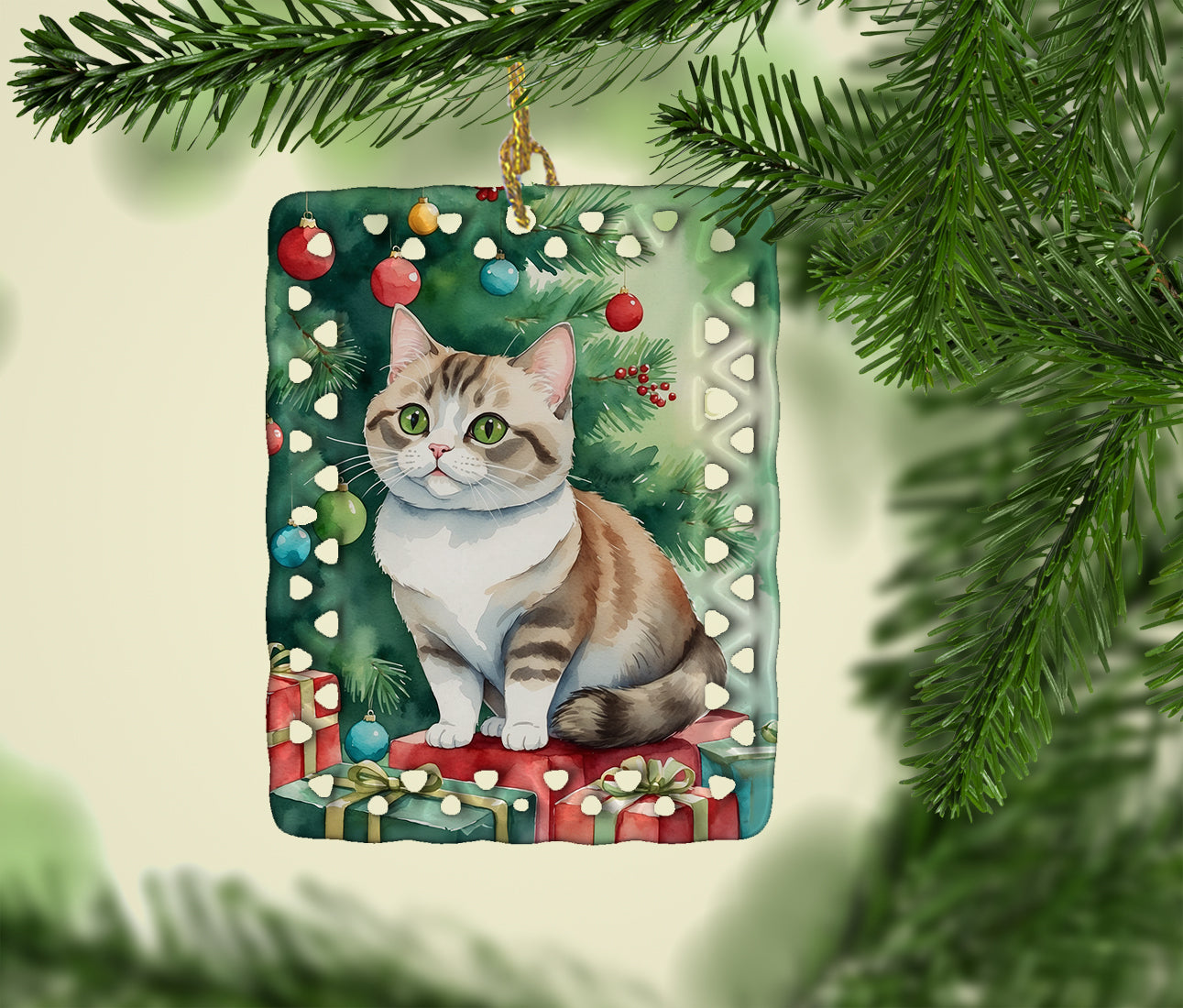 Munchkin Cat By the Christmas Tree Porcelain Ornament