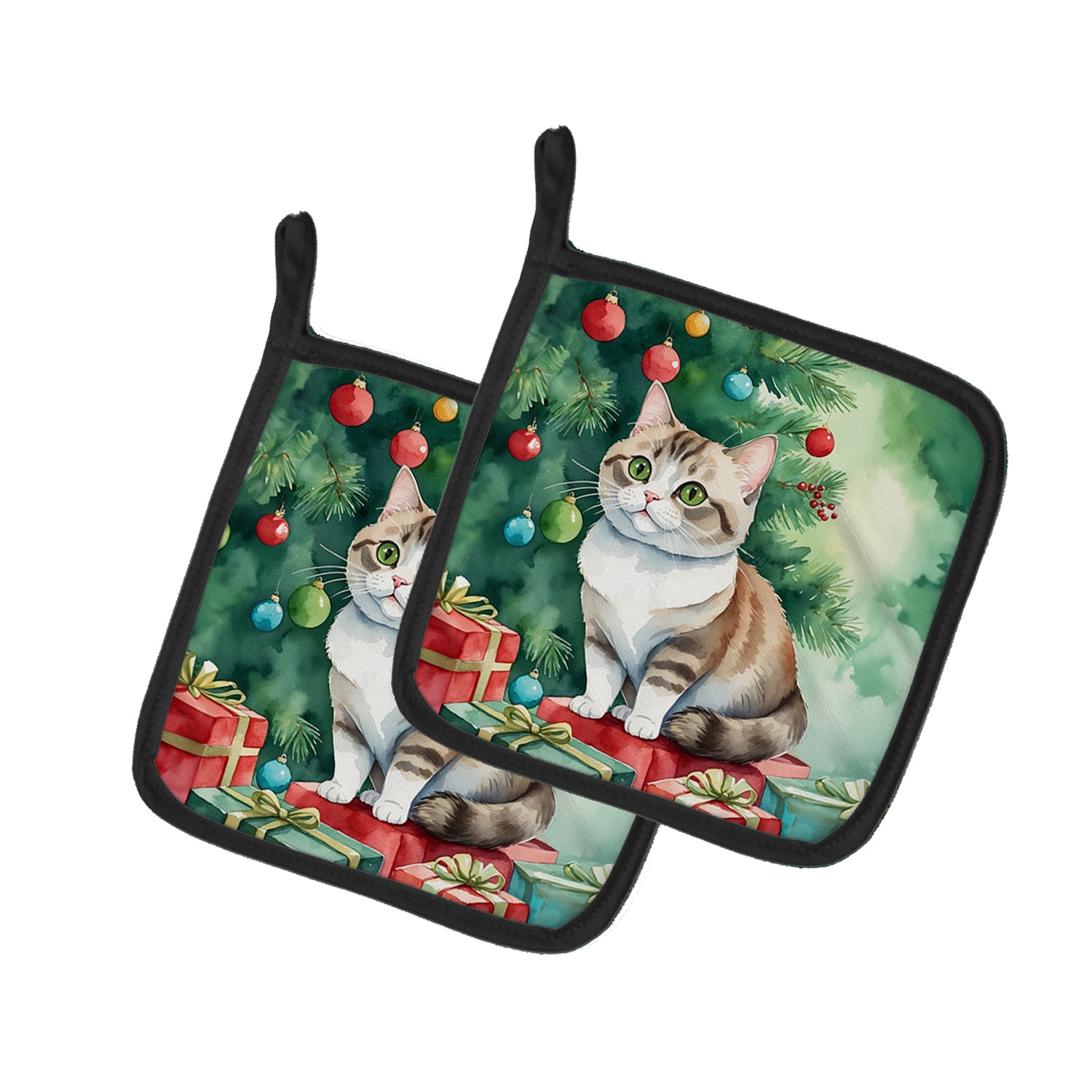 Buy this Munchkin Cat By the Christmas Tree Pair of Pot Holders