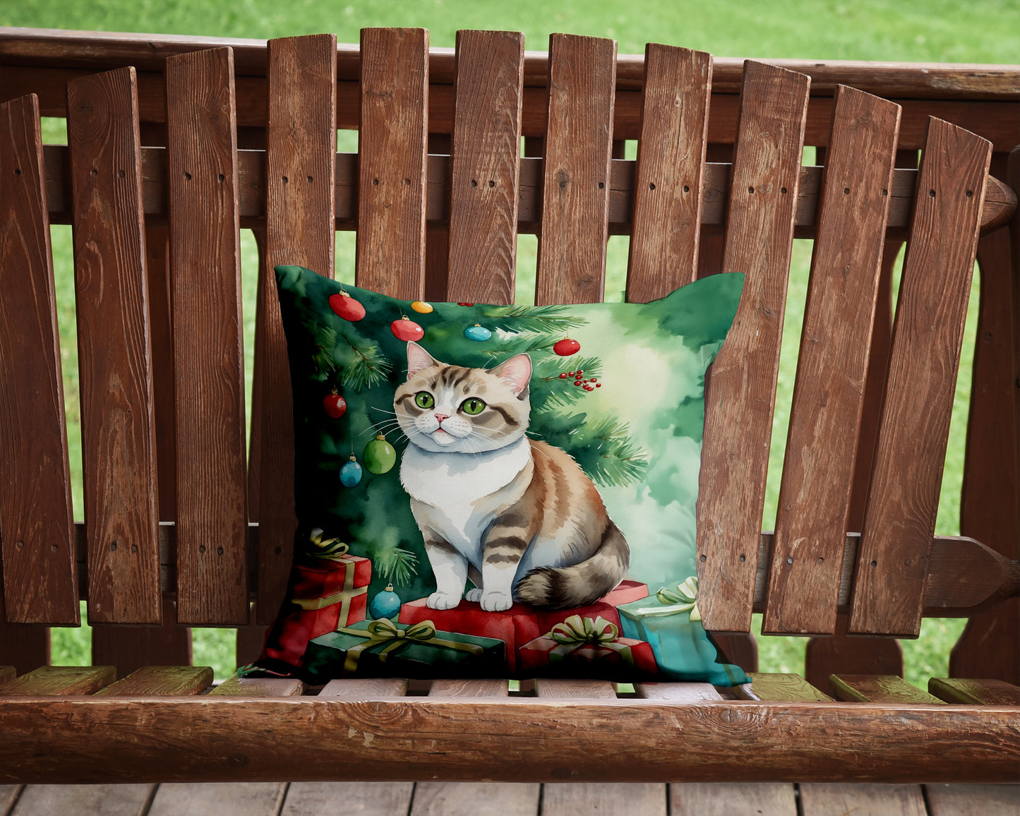 Munchkin Cat By the Christmas Tree Throw Pillow