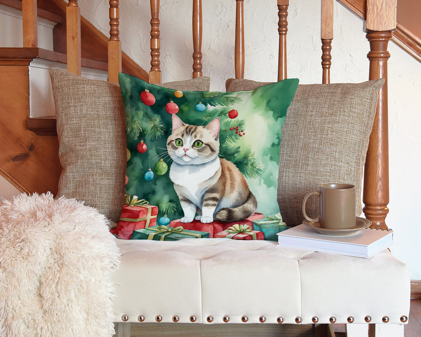 Munchkin Cat By the Christmas Tree Throw Pillow