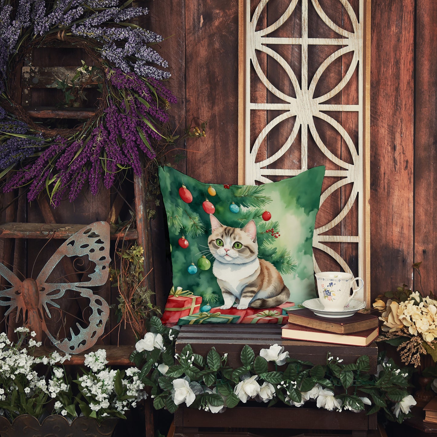 Munchkin Cat By the Christmas Tree Throw Pillow
