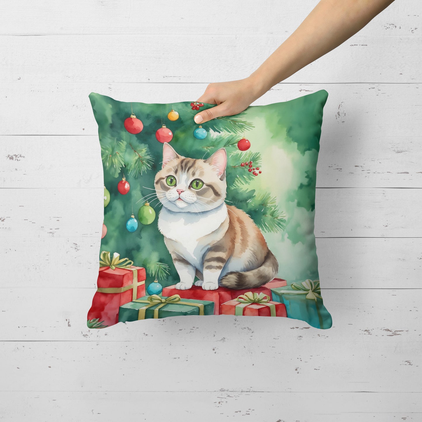 Munchkin Cat By the Christmas Tree Throw Pillow
