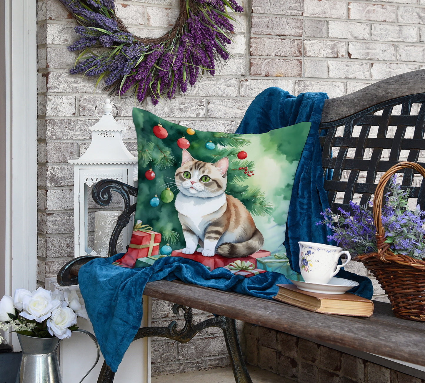 Munchkin Cat By the Christmas Tree Throw Pillow