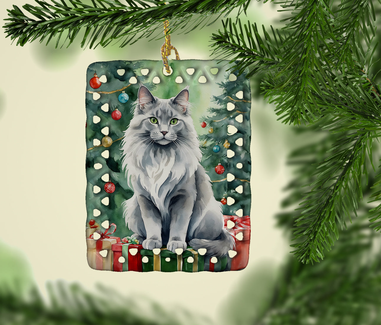 Nebelung Cat By the Christmas Tree Porcelain Ornament