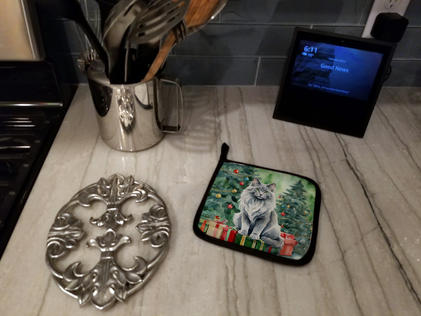Nebelung Cat By the Christmas Tree Pair of Pot Holders