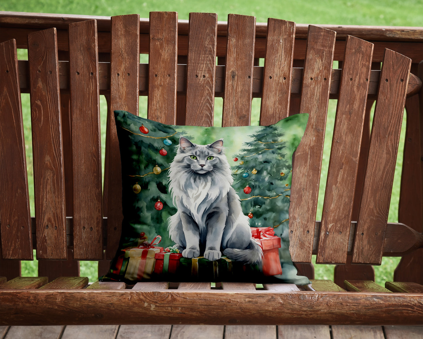 Nebelung Cat By the Christmas Tree Throw Pillow