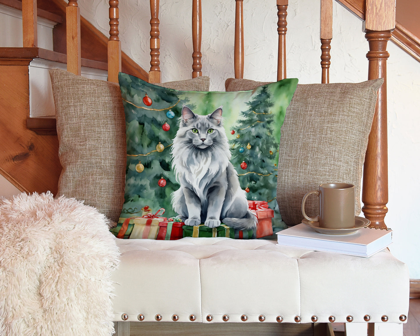Nebelung Cat By the Christmas Tree Throw Pillow
