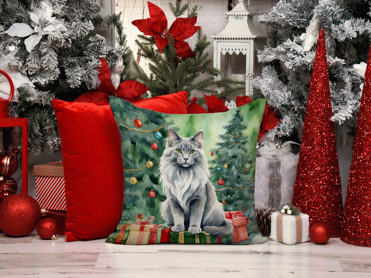 Nebelung Cat By the Christmas Tree Throw Pillow