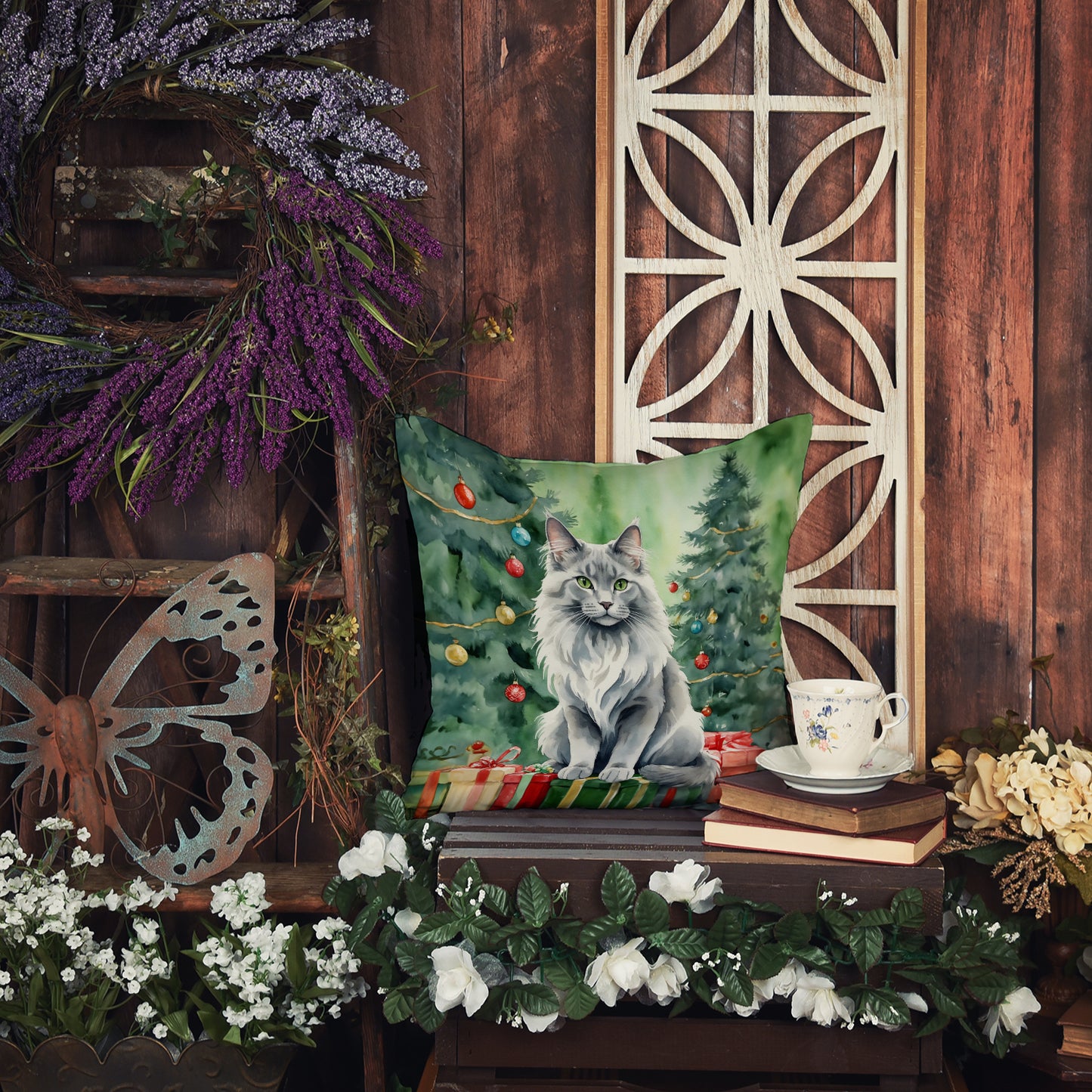 Nebelung Cat By the Christmas Tree Throw Pillow