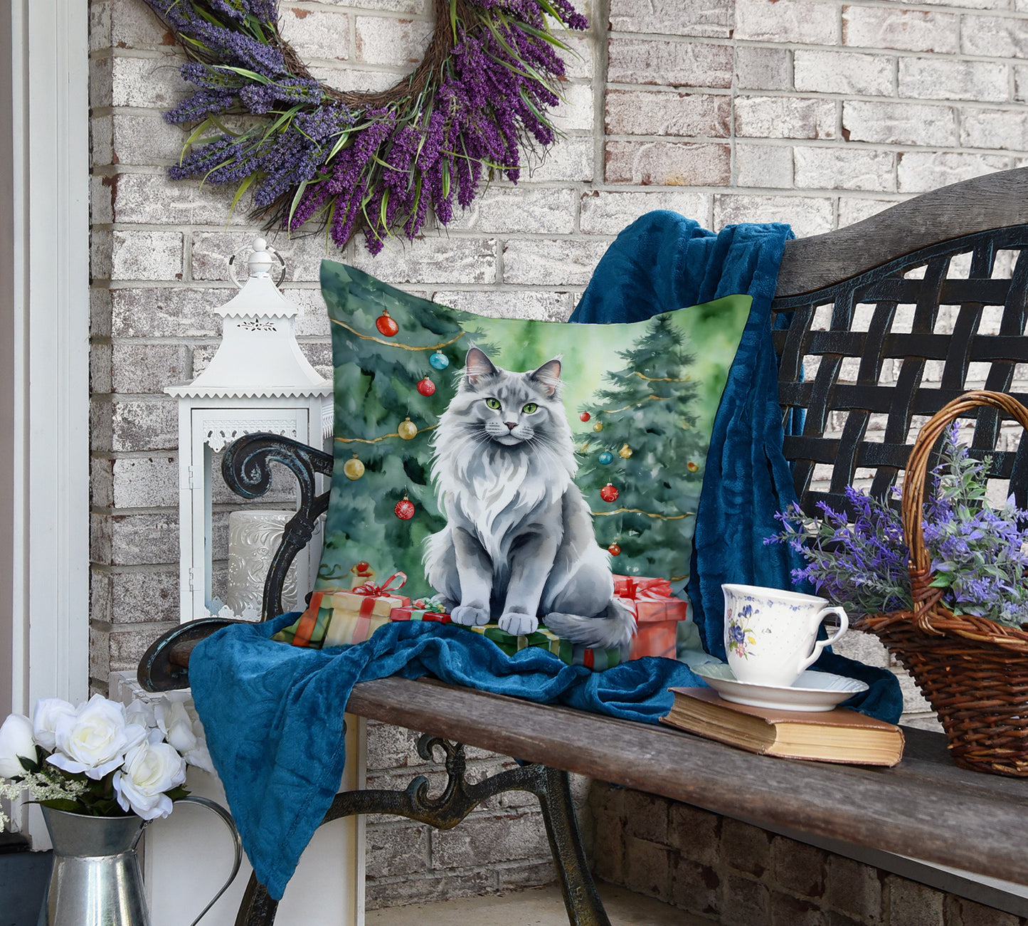 Nebelung Cat By the Christmas Tree Throw Pillow
