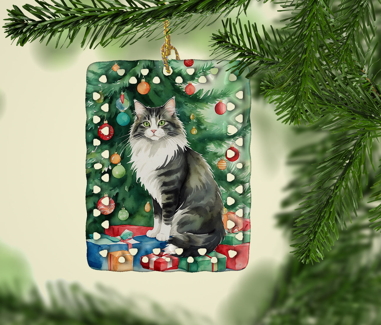 Norwegian Forest Cat By the Christmas Tree Porcelain Ornament