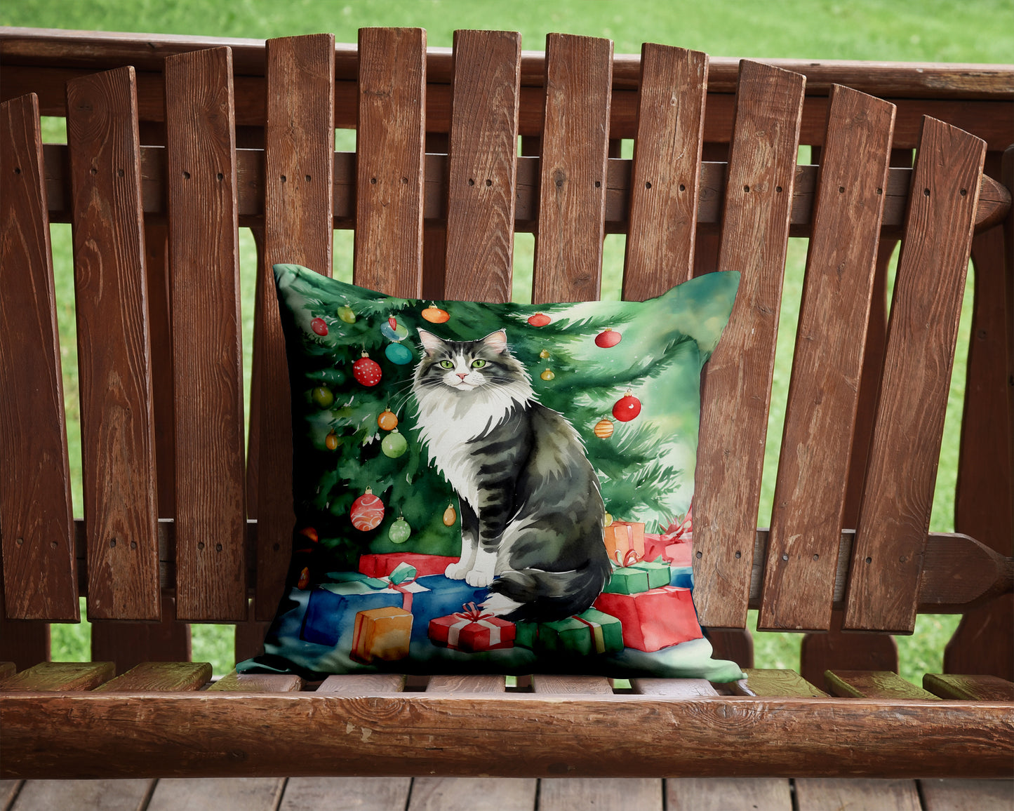 Norwegian Forest Cat By the Christmas Tree Throw Pillow