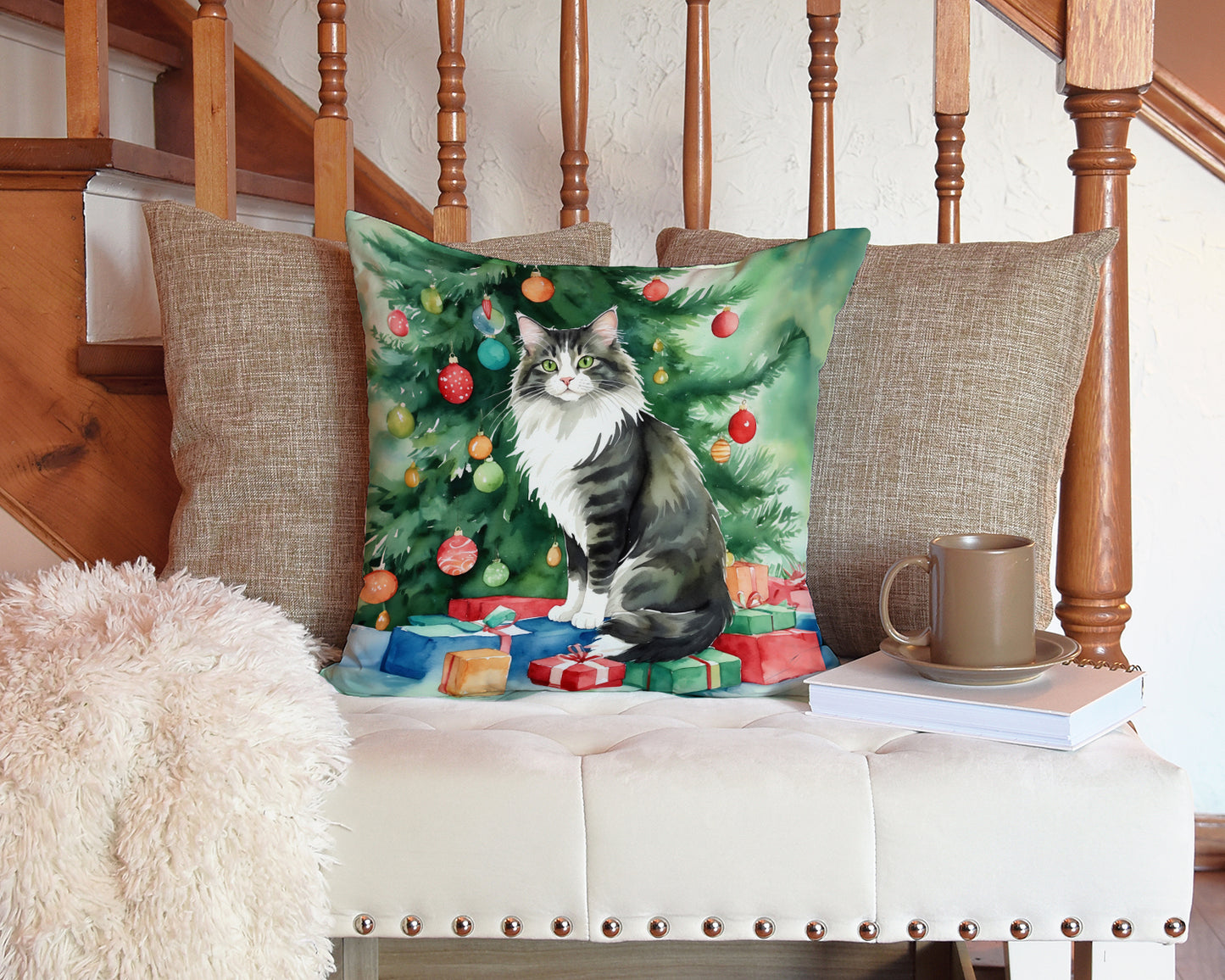 Norwegian Forest Cat By the Christmas Tree Throw Pillow