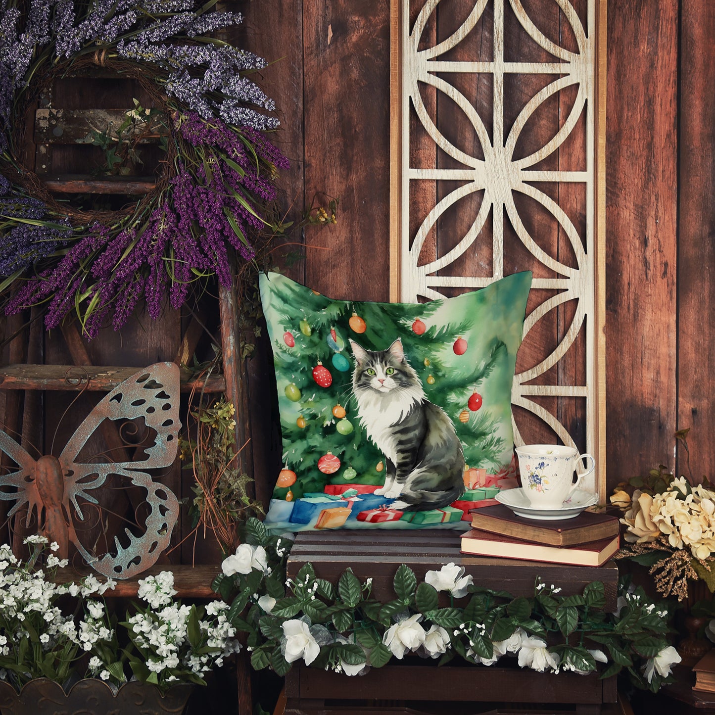 Norwegian Forest Cat By the Christmas Tree Throw Pillow