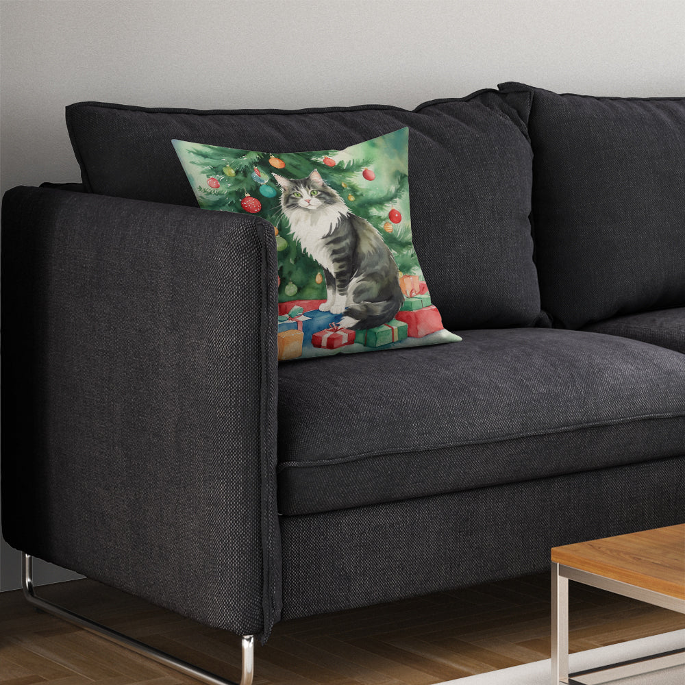 Norwegian Forest Cat By the Christmas Tree Throw Pillow