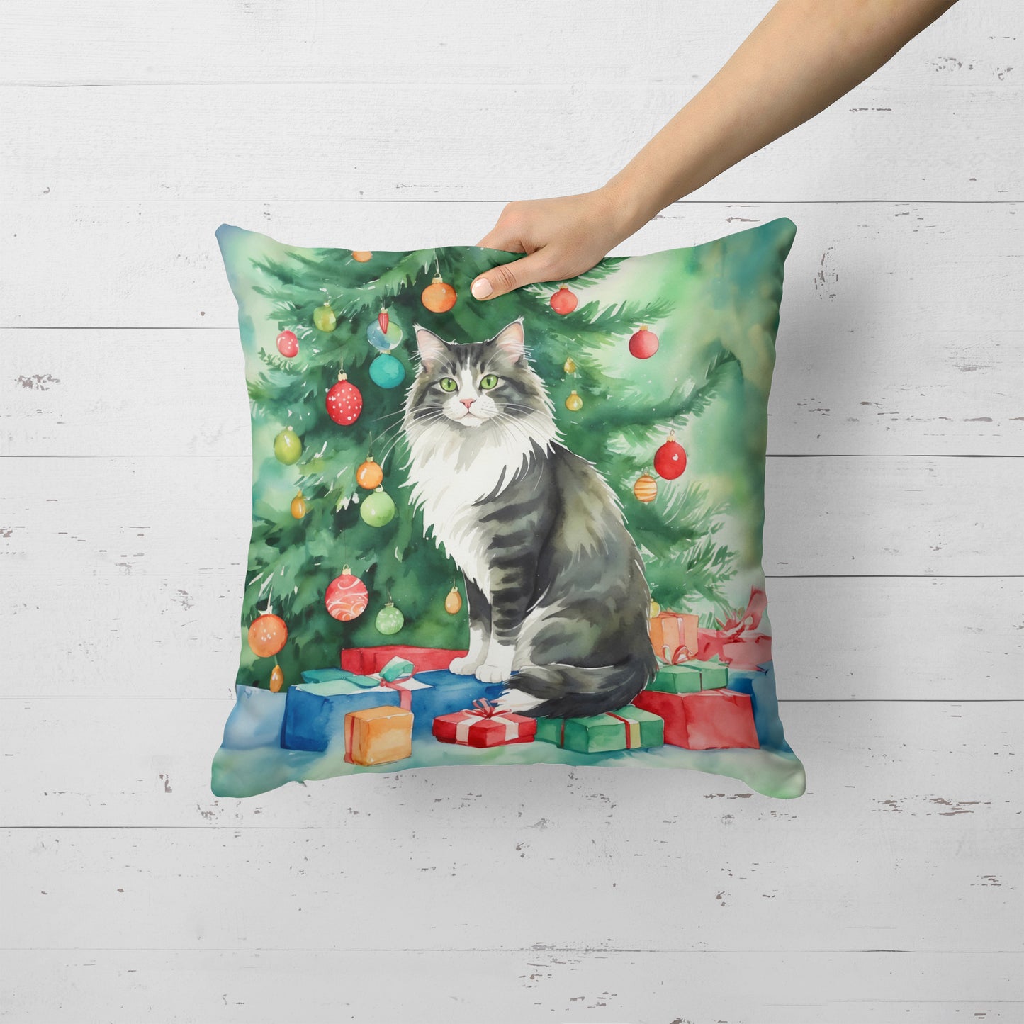 Norwegian Forest Cat By the Christmas Tree Throw Pillow