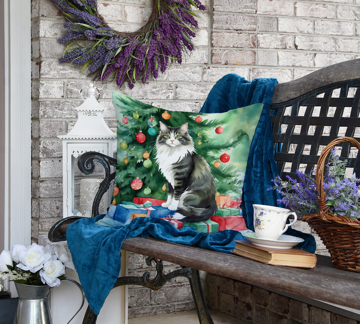 Norwegian Forest Cat By the Christmas Tree Throw Pillow