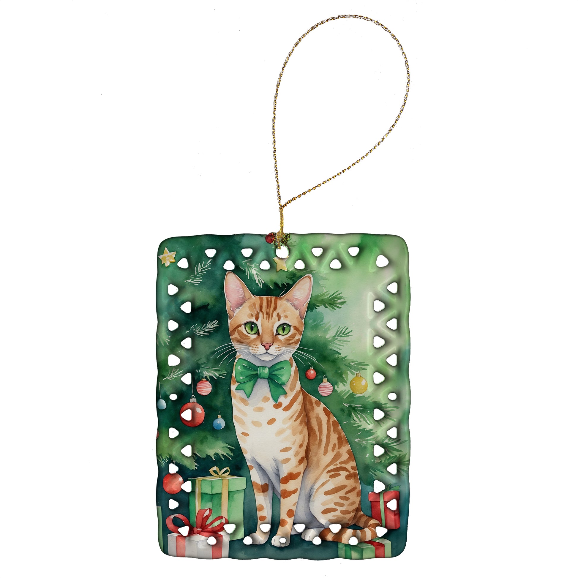 Buy this Ocicat Cat By the Christmas Tree Porcelain Ornament