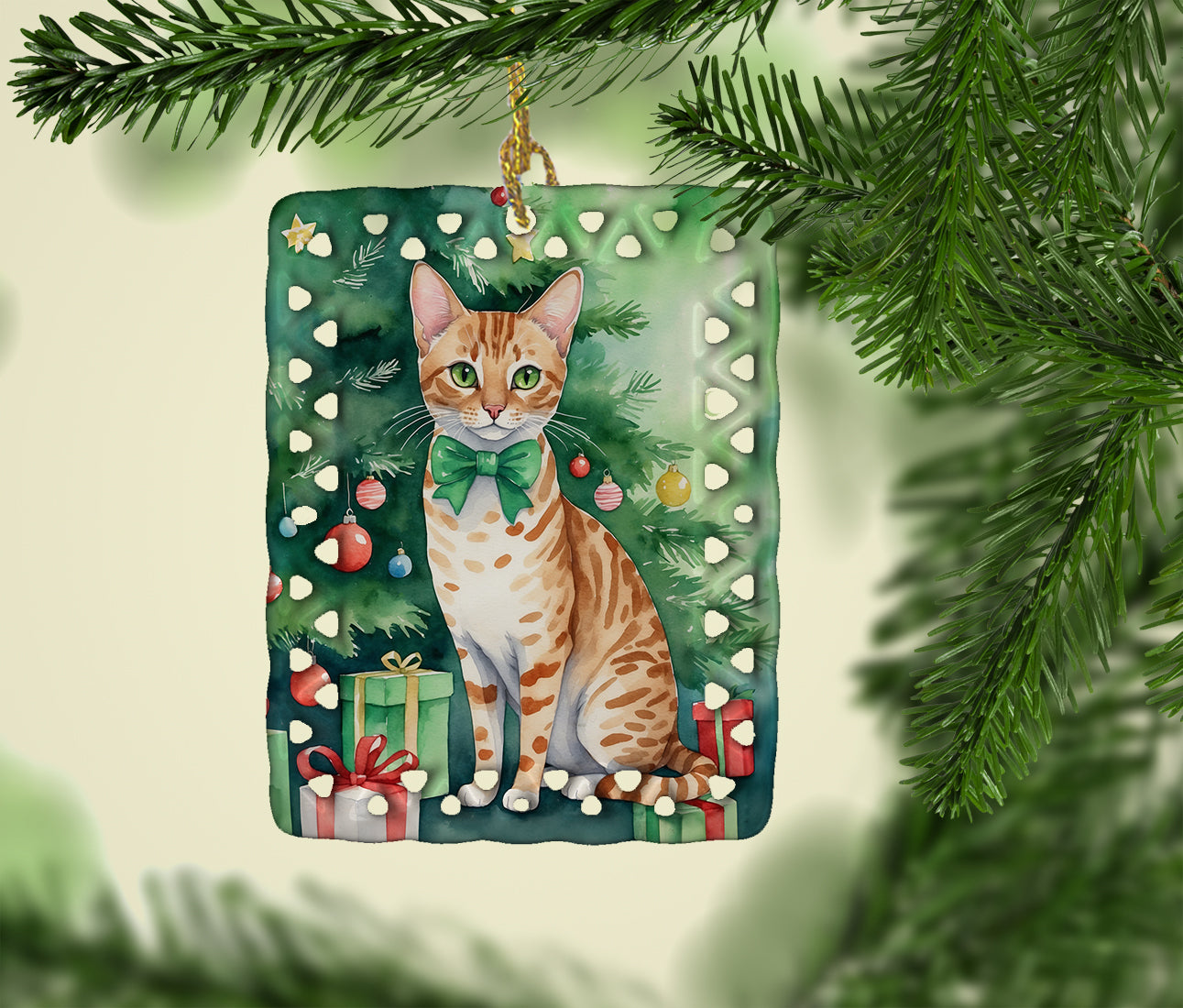 Ocicat Cat By the Christmas Tree Porcelain Ornament