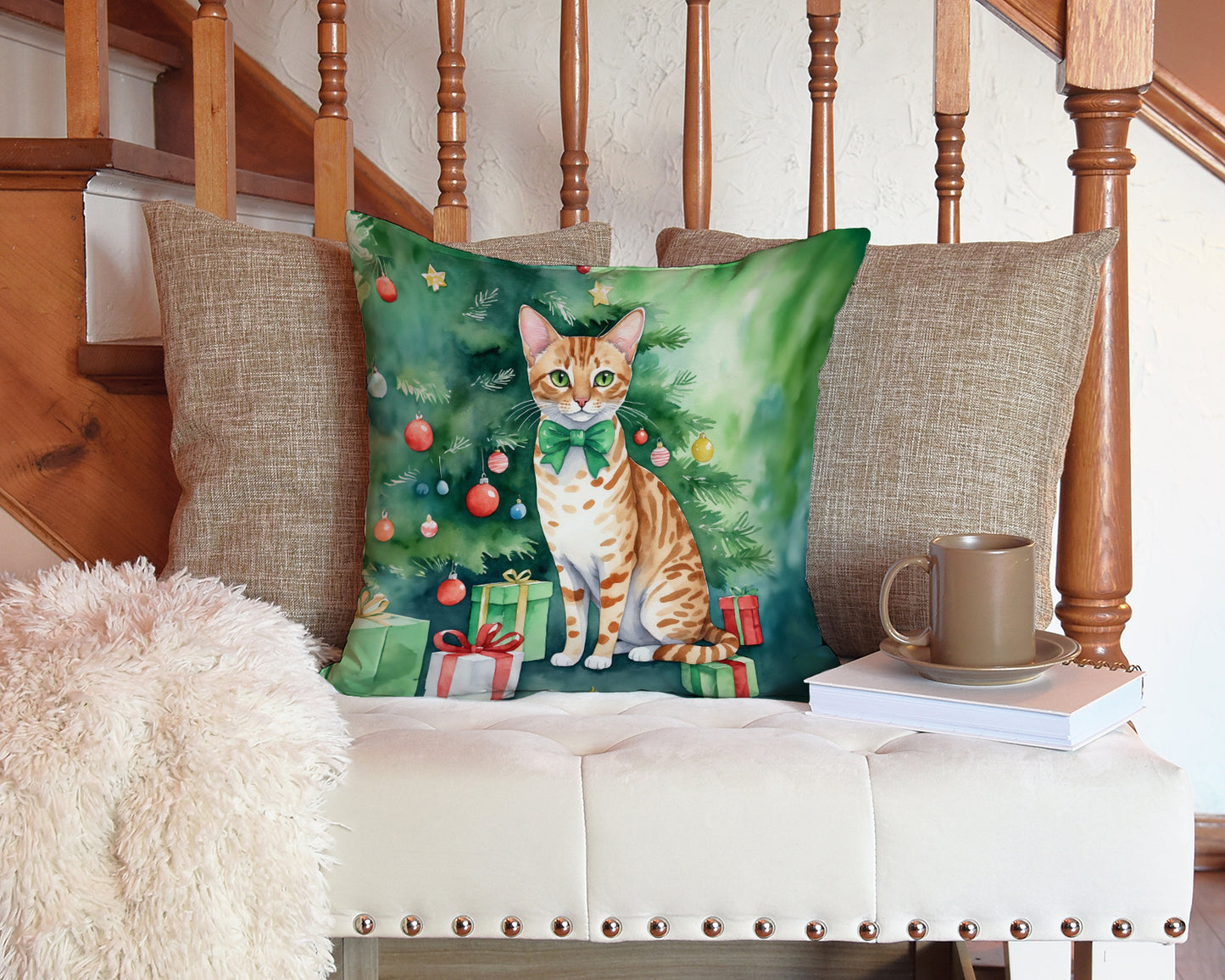 Ocicat Cat By the Christmas Tree Throw Pillow