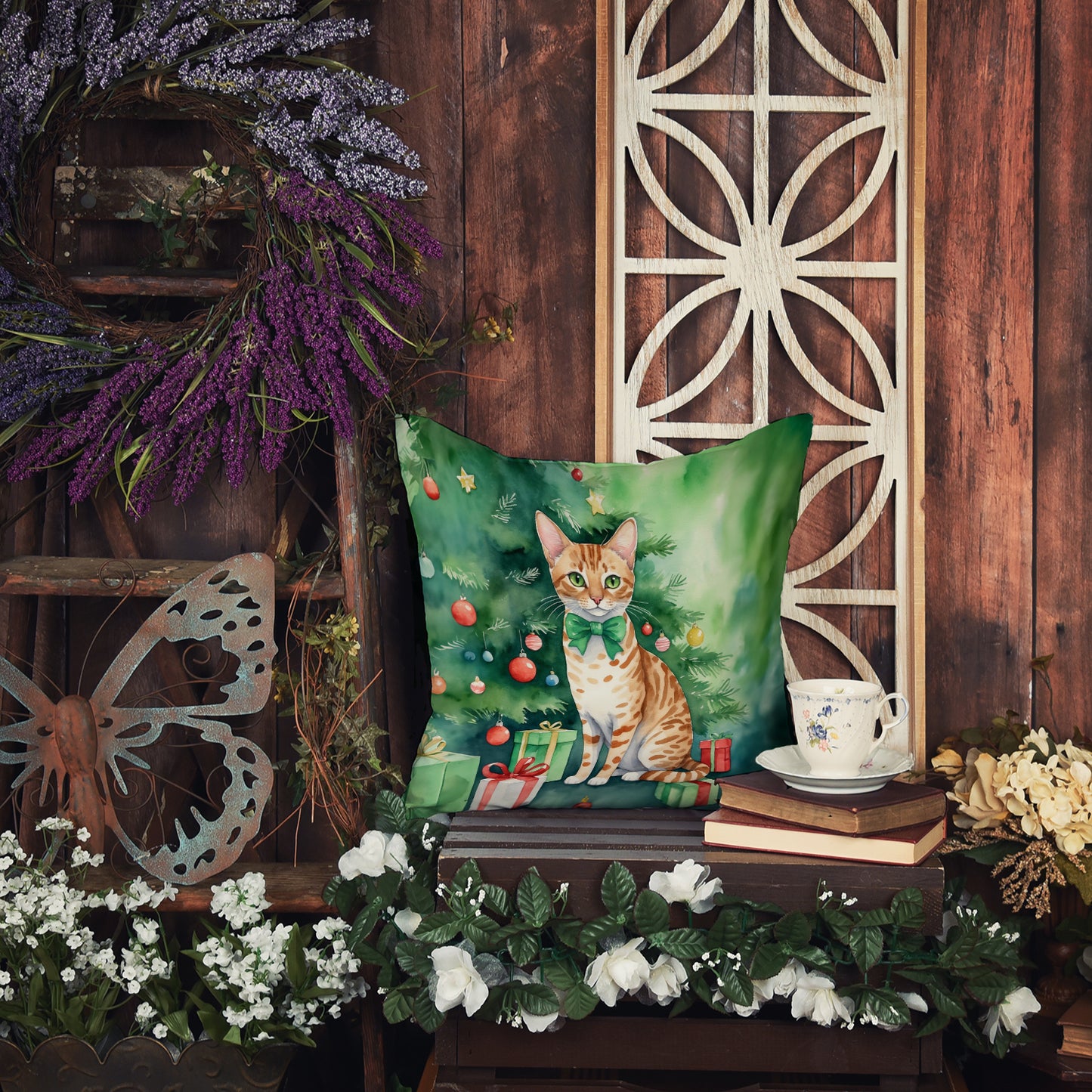 Ocicat Cat By the Christmas Tree Throw Pillow