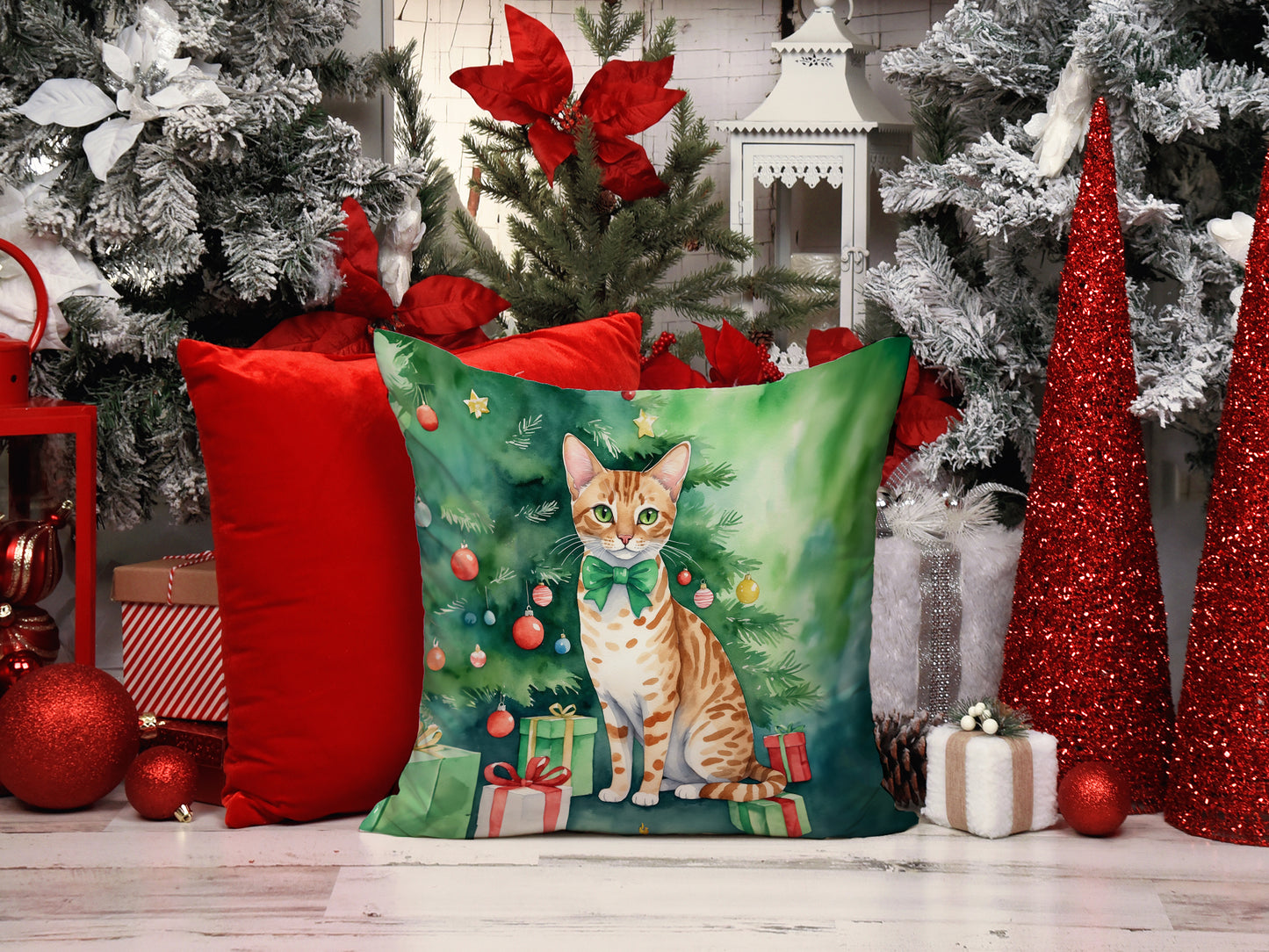 Ocicat Cat By the Christmas Tree Throw Pillow