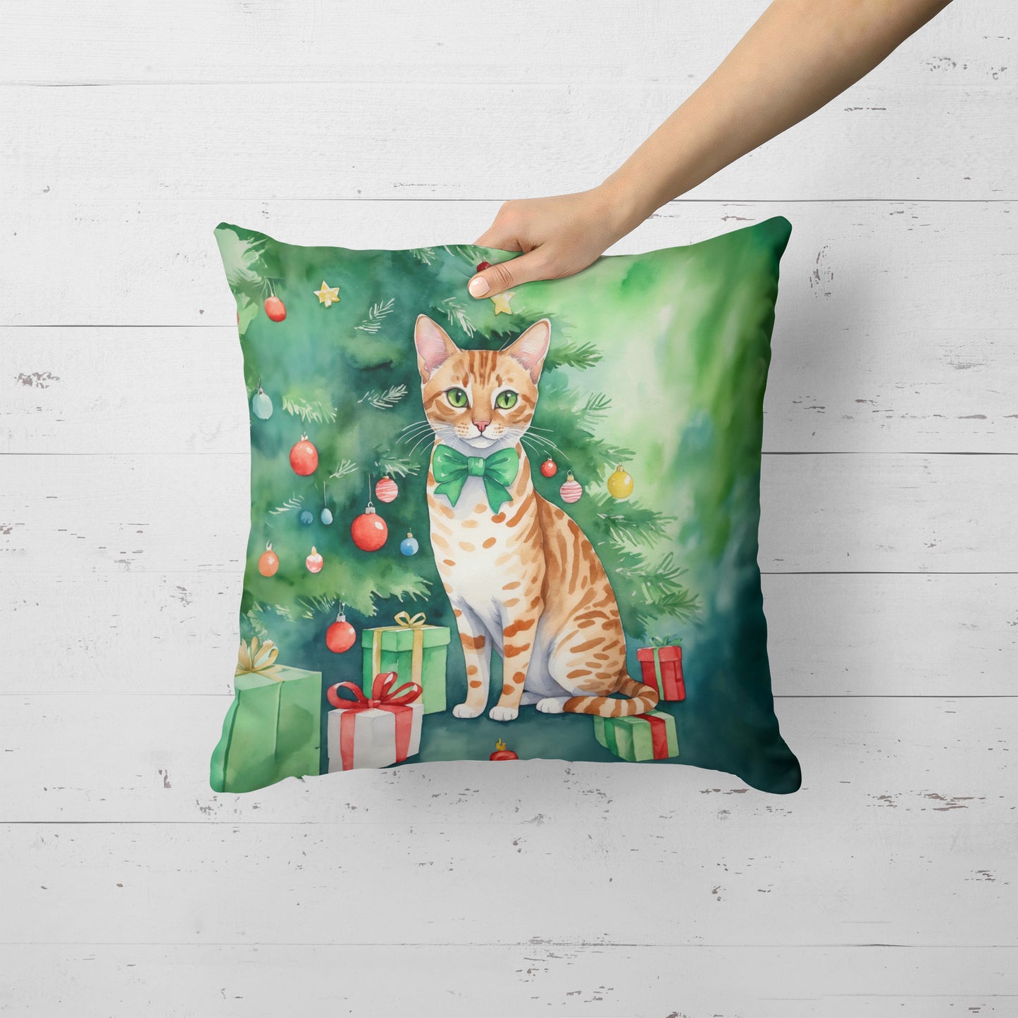 Ocicat Cat By the Christmas Tree Throw Pillow