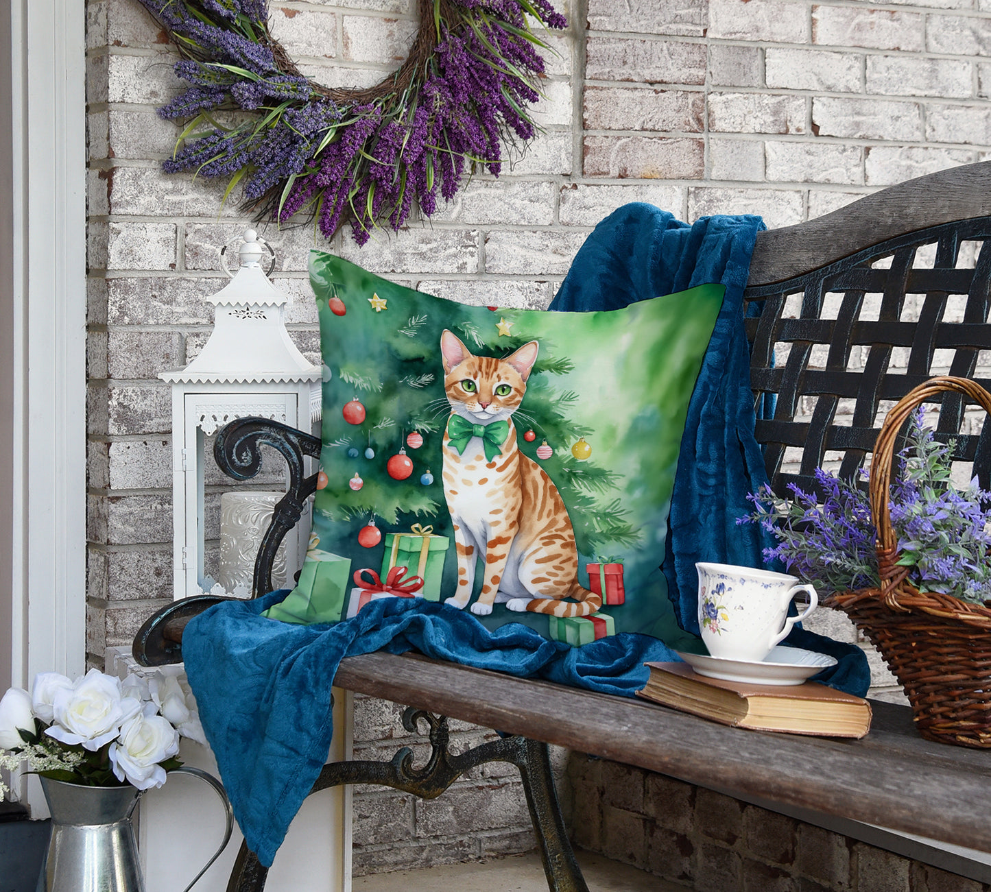Ocicat Cat By the Christmas Tree Throw Pillow