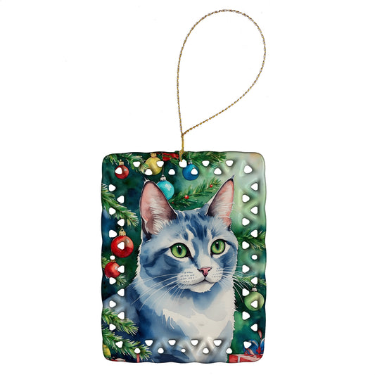 Buy this Ojos Azules Cat By the Christmas Tree Porcelain Ornament